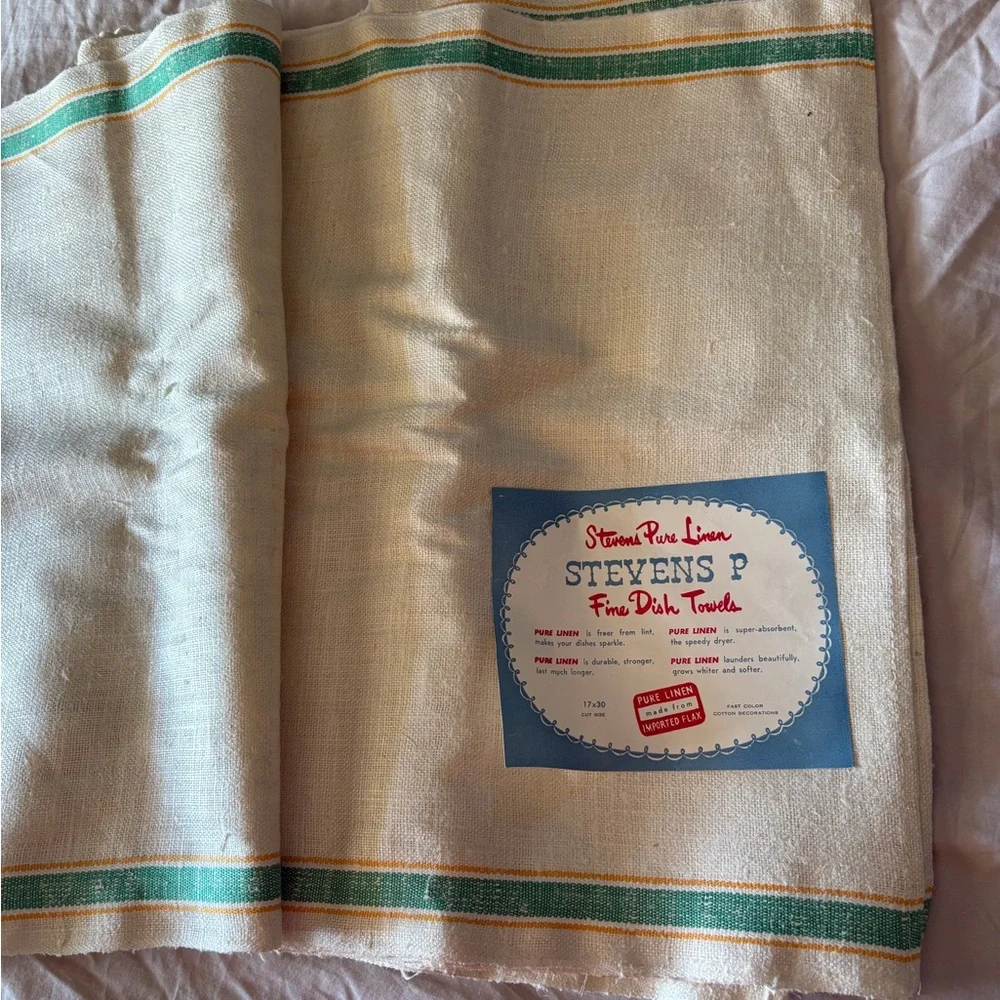 Steven P Cream and Green Fine Linen Fabric Dish Towels Kitchen Towels